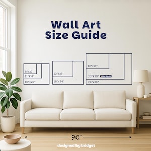 Puede incluir: Una gu&iacute;a de tama&ntilde;os de arte mural con dimensiones en pulgadas se muestra sobre un sof&aacute; color crema. La gu&iacute;a incluye tama&ntilde;os como 20 x 25 cm, 30 x 40 cm y 61 x 91 cm. El texto "Wall Art Size Guide" est&aacute; en la parte superior.