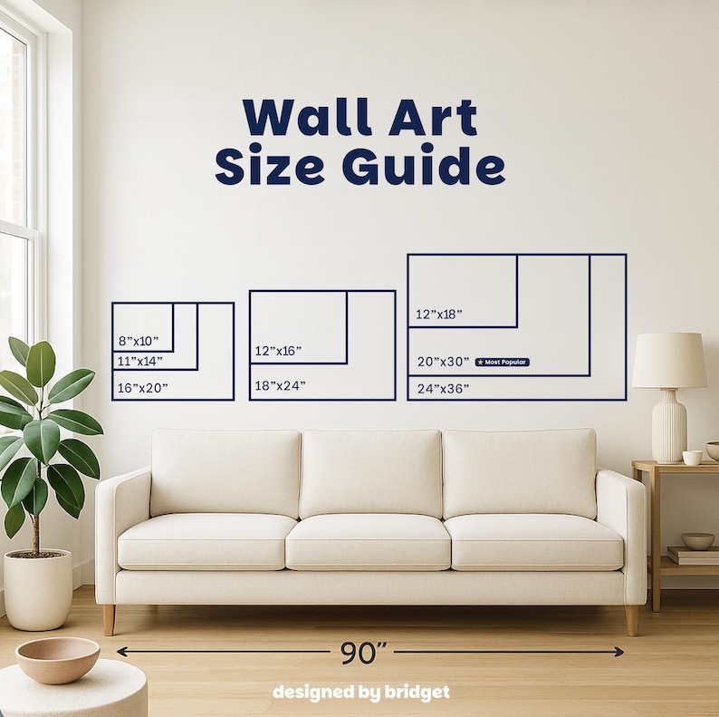 Puede incluir: Una gu&iacute;a de tama&ntilde;os de arte mural con dimensiones en pulgadas se muestra sobre un sof&aacute; color crema. La gu&iacute;a incluye tama&ntilde;os como 20 x 25 cm, 30 x 40 cm y 61 x 91 cm. El texto "Wall Art Size Guide" est&aacute; en la parte superior.