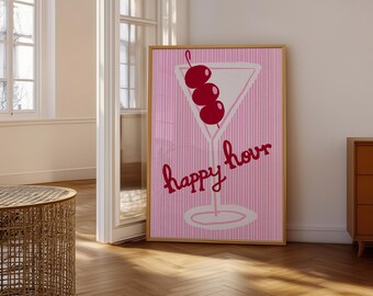 Happy Hour Starts Now – Digital Print, Retro Cocktail Bar Art, Playful & Chic, Instant Download