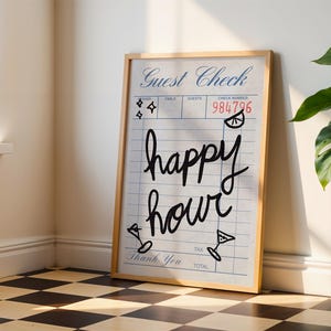 Impresión digital de cheques para invitados de Happy Hour: arte de bar de inspiración vintage, póster de cócteles divertidos, tipografía manuscrita, descarga instantánea