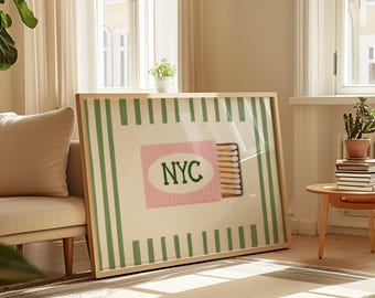 NYC Streichholzbrief - New York City Wandkunst, Küsten-Enkelin Ästhetik, grün und rosa gestreifter digitaler Download, Preppy NYC Dekor