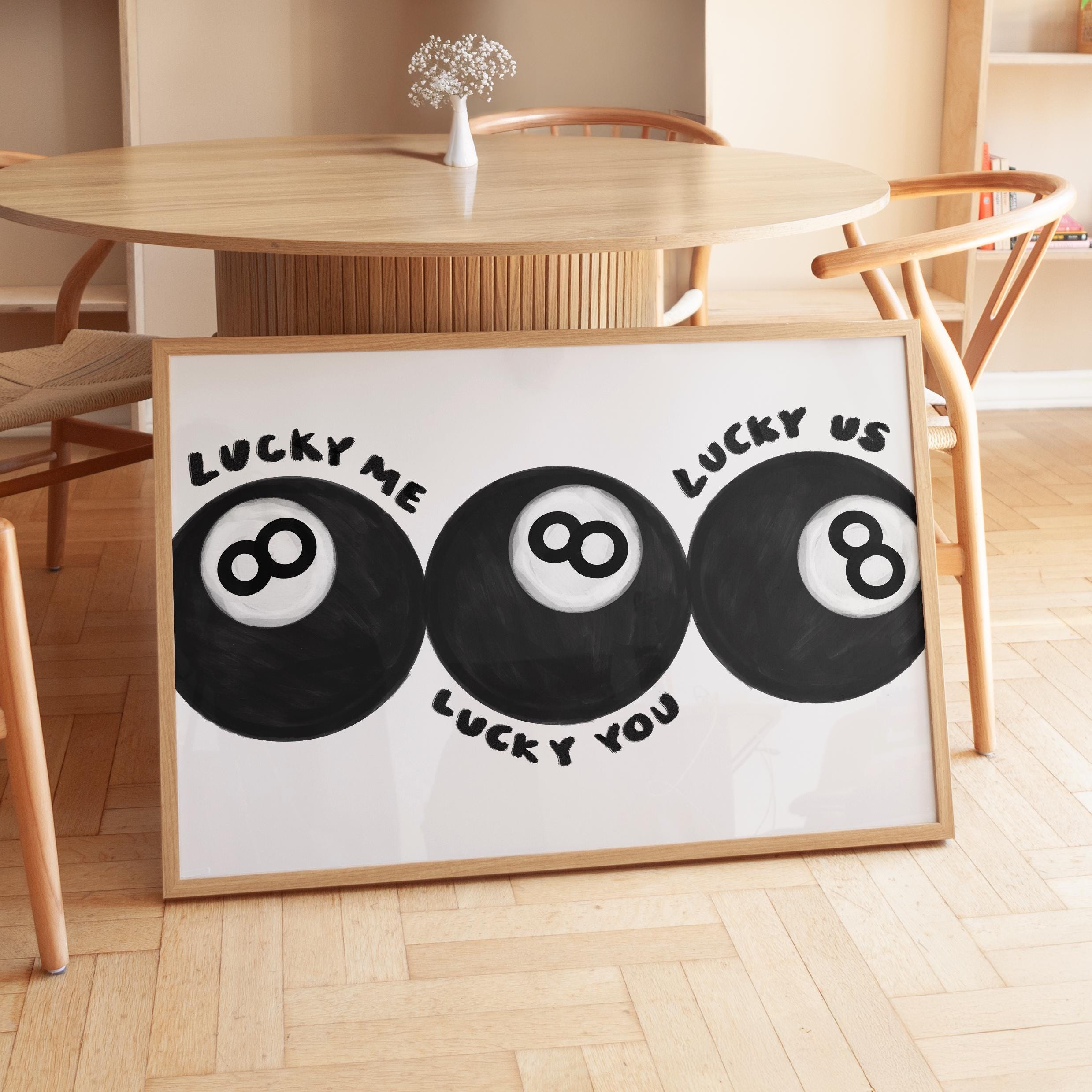 Lucky Me Lucky You Lucky Us 8-Ball Print – Retro Billiards Wall Art, Black and white hand drawn art print, Digital Download