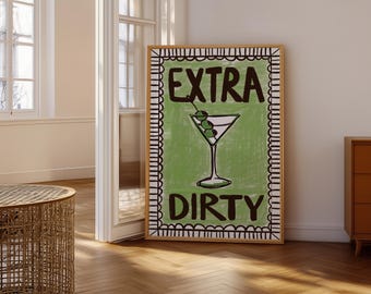 Extra Dirty – Digital Print, Hand-Drawn Martini Art, Retro Bar Cart Decor, Instant Download