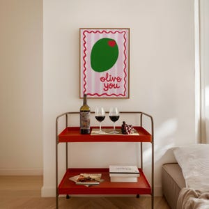 Whimsical Olive You Kitchen Art - Retro Food Poster, Charming Hand-Drawn Typography, Instant Download in Pink