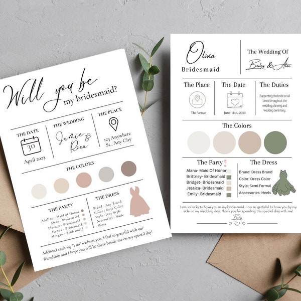 Bridesmaid Info Template, Bridal Party Info Card, Bridesmaid information Card, Editable Info Card, Editable Digital Image, Maid of honor