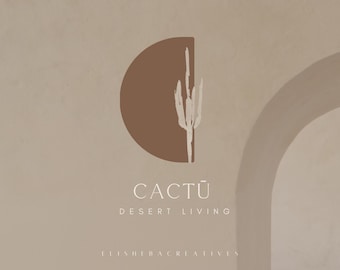 Może przedstawiać: Logo firmy o nazwie "CACTÚ DESERT LIVING" ze stylizowanym obrazem kaktusa w brązowym kółku.