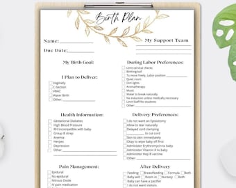 Birth Plan Editable Template, Birth Preferences, Birth Plan Template, Editable Hospital Birth Plan, Birth plan checklist