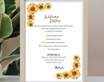 Editable New Baby Rules for Visitors, Hospital Door Sign for Newborn - Rules for Visiting New Baby Printable, Sunflower