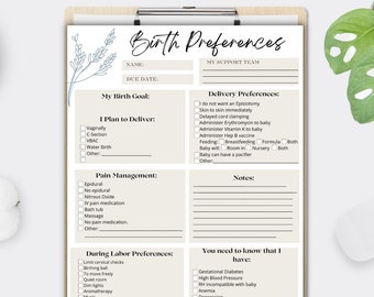 Birth Plan/ Birth Preferences/ Birth Plan Template/ Hospital Birth Plan/ Doula/ birth plan checklist/ minimalist boho, pregnancy digital