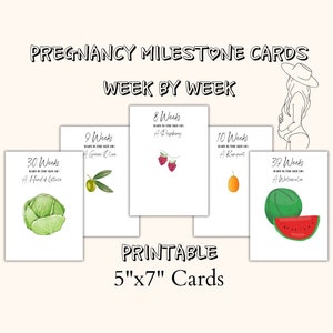 Cartes d'étape imprimables de la grossesse | Fruits et légumes pour suivre la croissance de bébé | Cartes hebdomadaires taille bébé pour photo d'annonce de grossesse