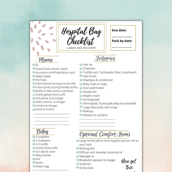 Hospital Bag Checklist, Labor and Delivery Checklist, Baby Checklist, Hospital Bag Printable, Customizable Hospital Bag List, Pregnancy List