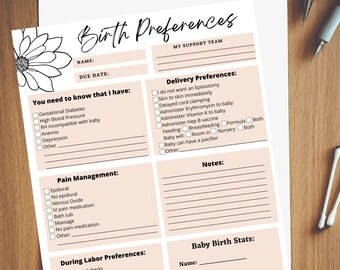 Birth Plan, Birth Preferences, Birth Plan Template, Hospital Birth Plan, Birth plan checklist, Labor and Delivery, Visual birth plan