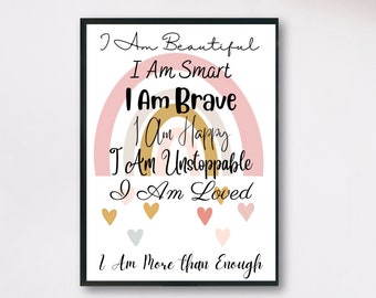 Affirmaties voor kinderen, Rainbow Affirmaties Print, Ik ben soort slim geliefd, Inspirerend kinderdagverblijf Decor, AFDRUKBARE Muurkunst, Ik ben mooi