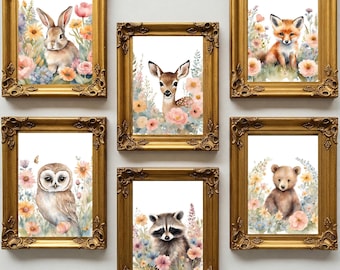 Woodland Animal Prints, Girl Nursery Printable Wall Art, Forest Animal Nursery Decor, Watercolour Bear Deer Fox Prints, DIGITAL DOWNLOAD