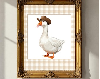Silly goose print, brown western nursery printable art, neutral southeastern boy room animal wall art, cowboy hat, Digital Download