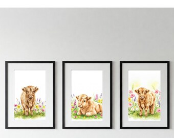 Highland Cow Nursery Wall Art, Highland Cow Nursery Decor Girl, Watercolor Highland Cow Gift, Kids Farm Bedroom Wall Decor Digital Print