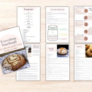 May include: A guide to making sourdough bread, with a cover image of a loaf of bread on a checked cloth. The guide includes sections on making a starter, simple bread, and recipes.