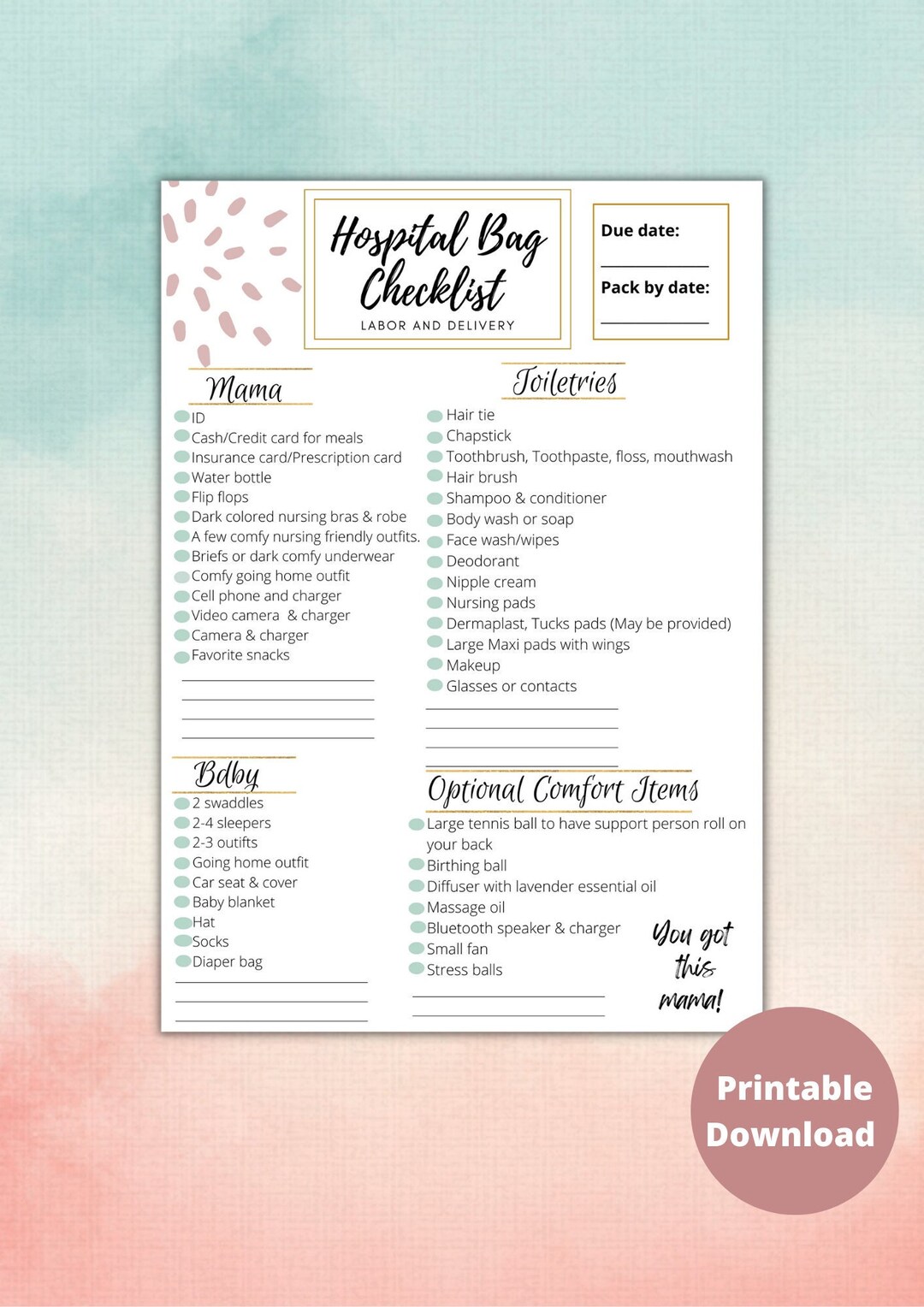 Hospital Bag Checklist, Labor and Delivery Checklist, Baby Checklist