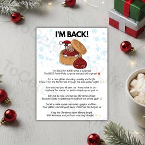 May include: A rectangular white card featuring the text I'M BACK! above an illustration of a cartoon elf inside a bamboo steamer basket next to a red glittery dumpling. The card includes a poem about a North Pole elf and Christmas cheer.
