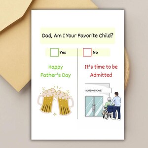 ¿Soy tu hijo favorito? Tarjeta divertida para el Día del Padre, humor sobre residencias de ancianos, tarjeta de rivalidad entre hermanos para papá, tarjeta divertida hecha a mano para papá.