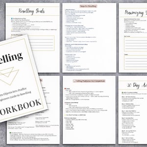 May include: A workbook titled "Reselling: Turn Objects Into Profits: A Beginners Guide to Reselling." The cover is white with black and gold text. Several pages with text and headings like "Reselling Goals" and "Maximizing Your Profits" are visible.