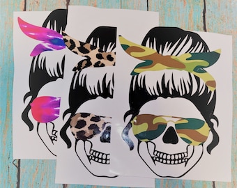 Army Print Mom Skull | Bumper Sticker | Car Decal | Mom Life | Messy Bun