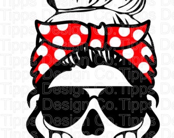 Red Polka Dot Mom Skull, Mom Life, Messy Hair, Waterslide, Printable Vinyl