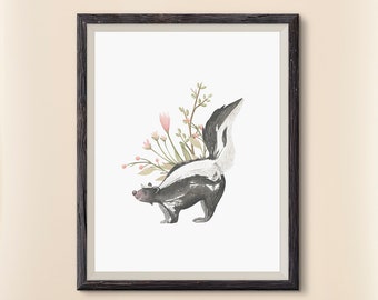 watercolor skunk print, skunk, wall art, floral animals, nursery animals, woodland nursery, nursery decor, printable art,instant download 57