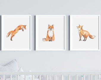 set of 3, watercolor fox, fox art print, fox painting, woodland nursery, 5x7, art, baby fox, home decor, printable art, instant download 93