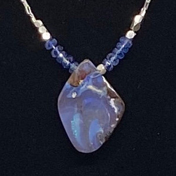 Lovely natural, raw, polished Australian boulder opal pendant with kyanite accents on sterling silver