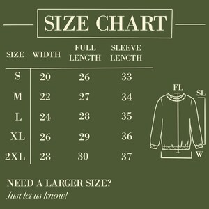May include: Size chart for a jacket with measurements in inches for width, full length, and sleeve length. Sizes include S, M, L, XL, and 2XL.