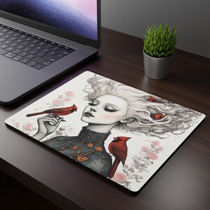 Elegant Cardinal Mouse Pad - Artistic Desk Accessory, Gift for Bird Lovers, Home Office Decor, Feminine Design, Unique Computer Mat