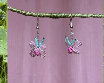 Butterfly Beaded Earrings – Handmade Pastel Pink & Aqua Wire Dangles – Lightweight Insect Jewelry
