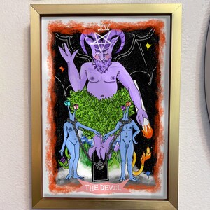 Der Teufel Tarot Karte Kunstdruck – 13x18cm Handgezeichnete digitale Illustration auf mattem Karton – Surreales okkultes Kunstwerk