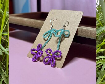 Purple Beaded Flower Earrings – Bow Stem Dangles – Handmade Wire Jewelry in Aqua & Violet