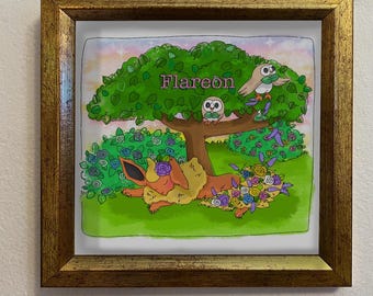 Flareon Art Print – 5x5” Eeveelution Pokémon Wall Art – Fire-Type Floral Illustration