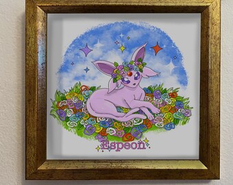 Espeon Art Print – 5x5” Eeveelution Pokémon Wall Art – Psychic-Type Pastel Illustration