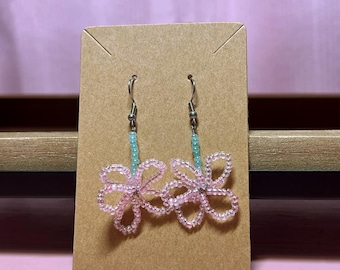 Pastel Beaded Flower Earrings – Pink & Aqua Handmade Wire Dangles – Soft Spring Jewelry