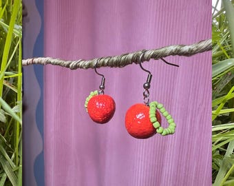 Mandarin Orange Earrings – Handmade Polymer Clay & Beaded Leaf Dangles – Glossy Citrus Jewelry