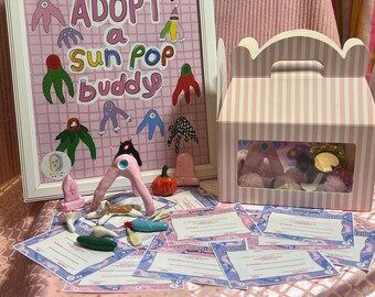 Adopt A Sun Pop Buddy – Classic Collection | Handmade Clay Creature with Mini Zine, Birth Certificate & Carry Box | Whimsical Collectible