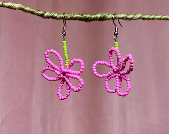 Pink Beaded Flower Earrings – Handmade Wire Dangle Jewelry – Bright Floral Statement