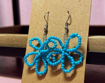 Blue Beaded Flower Earrings – Handmade Wire Dangle Jewelry – Lightweight Statement Earrings