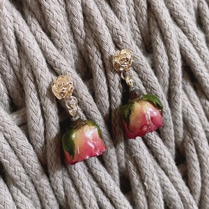 Handmade Rose Earrings, Dried Rose Earrings, Rosebud Earrings, Nature Inspired Jewelry, DIY Rose Drop Earrings Flower Earrings