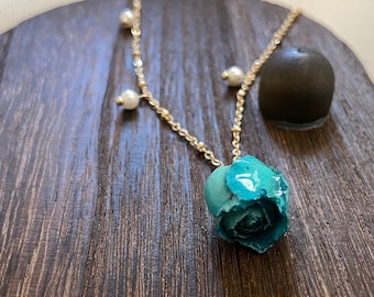 Handmade Rose Bud Necklace, Teal Blue Necklace, Real Rose Necklace, Nature Inspired Jewelry, DIY Pendant Necklace, Unique Flower Necklace