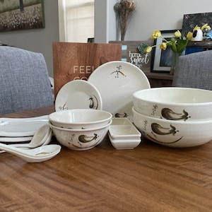 Japanese Melamine Dining Set, Dining Plates, Rice Bowls, Soup Spoon, Ramen Bowl Set, Dip Bowls, Dishwasher safe dinnerware set