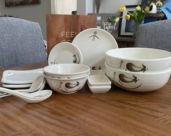 Japanese Melamine Dining Set, Dining Plates, Rice Bowls, Soup Spoon, Ramen Bowl Set, Dip Bowls, Dishwasher safe dinnerware set