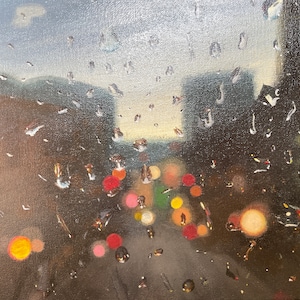 Rainy Sunset - Original Acrylic Painting, Cityscape Painting,  Rainy night Painting, Sunset Painting, Rain Window Wall Art, City Lights