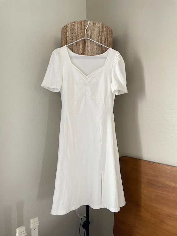 Women V Neck Casual Dress with Puff-Sleeve, Calf Length White Dress, White Cotton Dress,