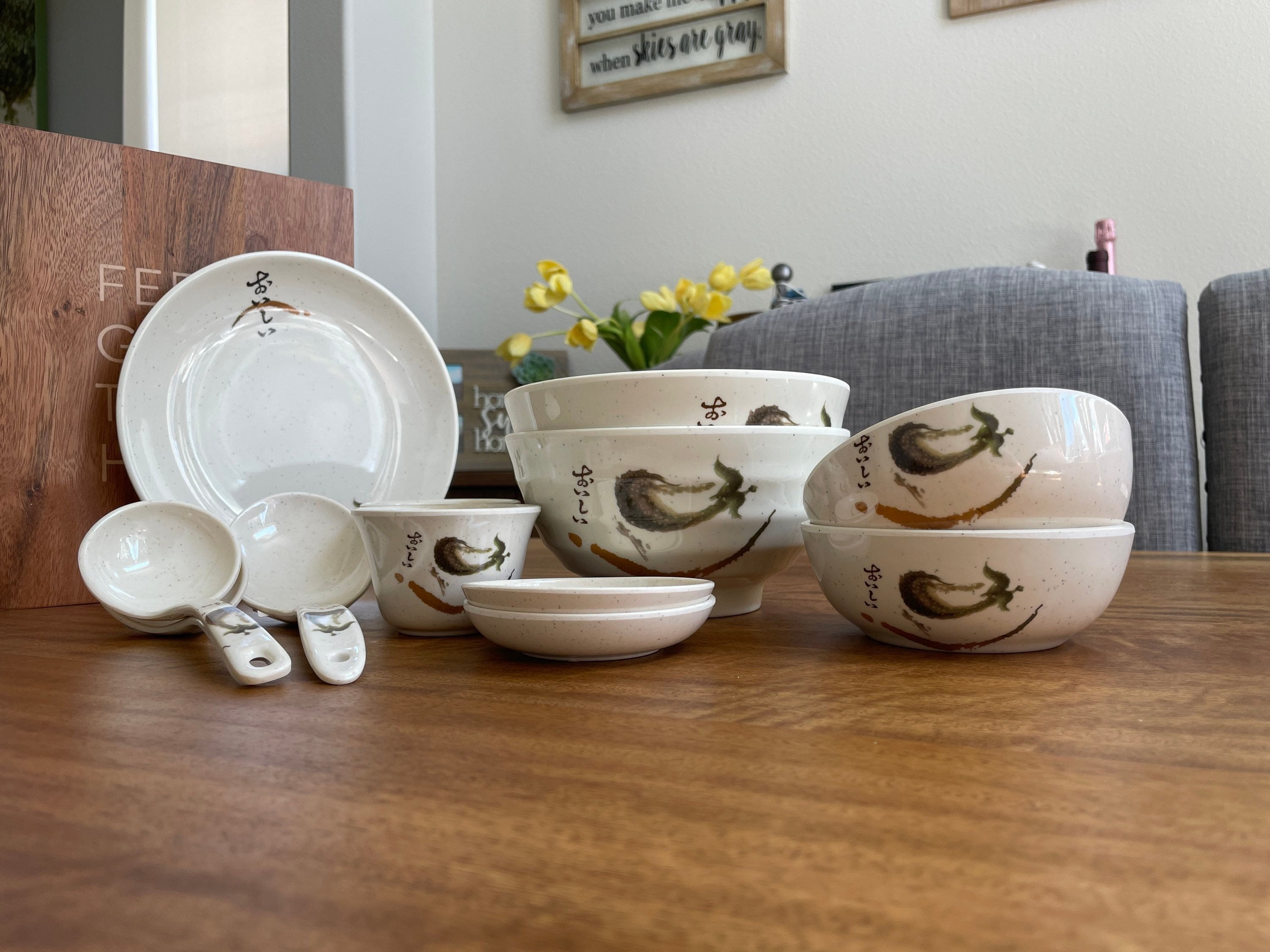 Japanese Melamine Dining Set, Dining Plates, Rice Bowls, Tea Cup, Soup Spoon, Ramen Bowl Set, Dip Bowls, Dishwasher safe dinnerware set