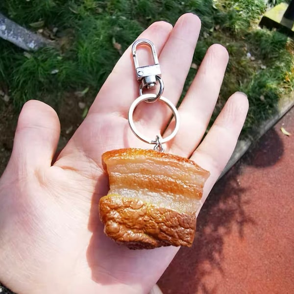 Realistic Braised Pork Belly Keychain, Roasted Beef Keychain, Creative Food Charm, French Fries Keychain, BBQ Chicken Keychain Drumstick